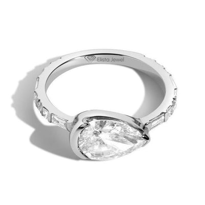 East West Set Pear Diamond Half Bezel Pave Engagement Ring