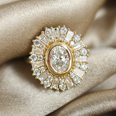 Art Deco Bezel Oval Cut Lab Created Diamond With Round & Baguette Halo Wedding Ring