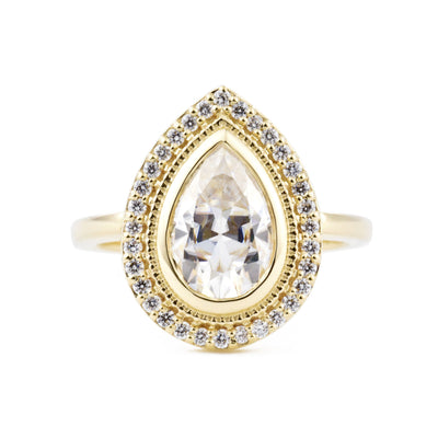 Art Deco Halo Pear Rose Cut Lab Grown Diamond with Full Bezel Set Engagement Ring