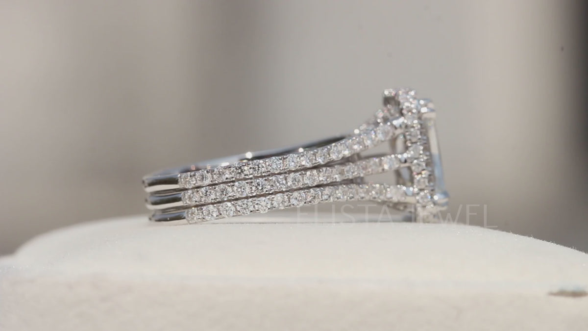 Radiant lab-grown diamond three raw split shank double prong halo engagement ring for her.