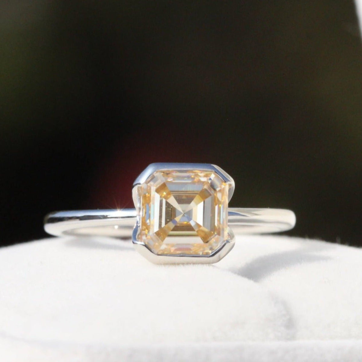 Champagne Asscher Cut Solitaire Half Bezel Lab Grown Diamond Ring in 10K - Front View