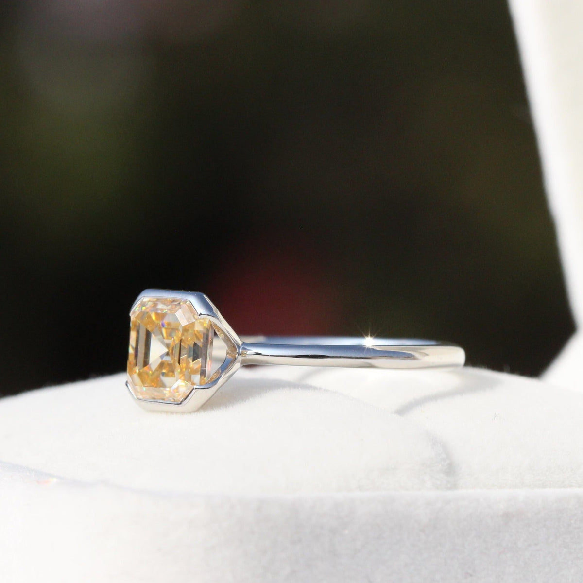 Champagne Asscher Cut Solitaire Half Bezel Lab Grown Diamond Ring in 14K - Side View
