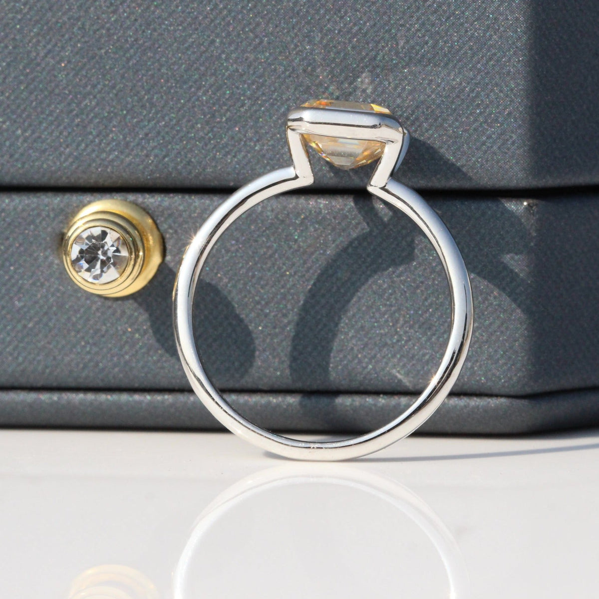 Champagne Asscher Cut Solitaire Half Bezel Lab Grown Diamond Ring - Perspective View
