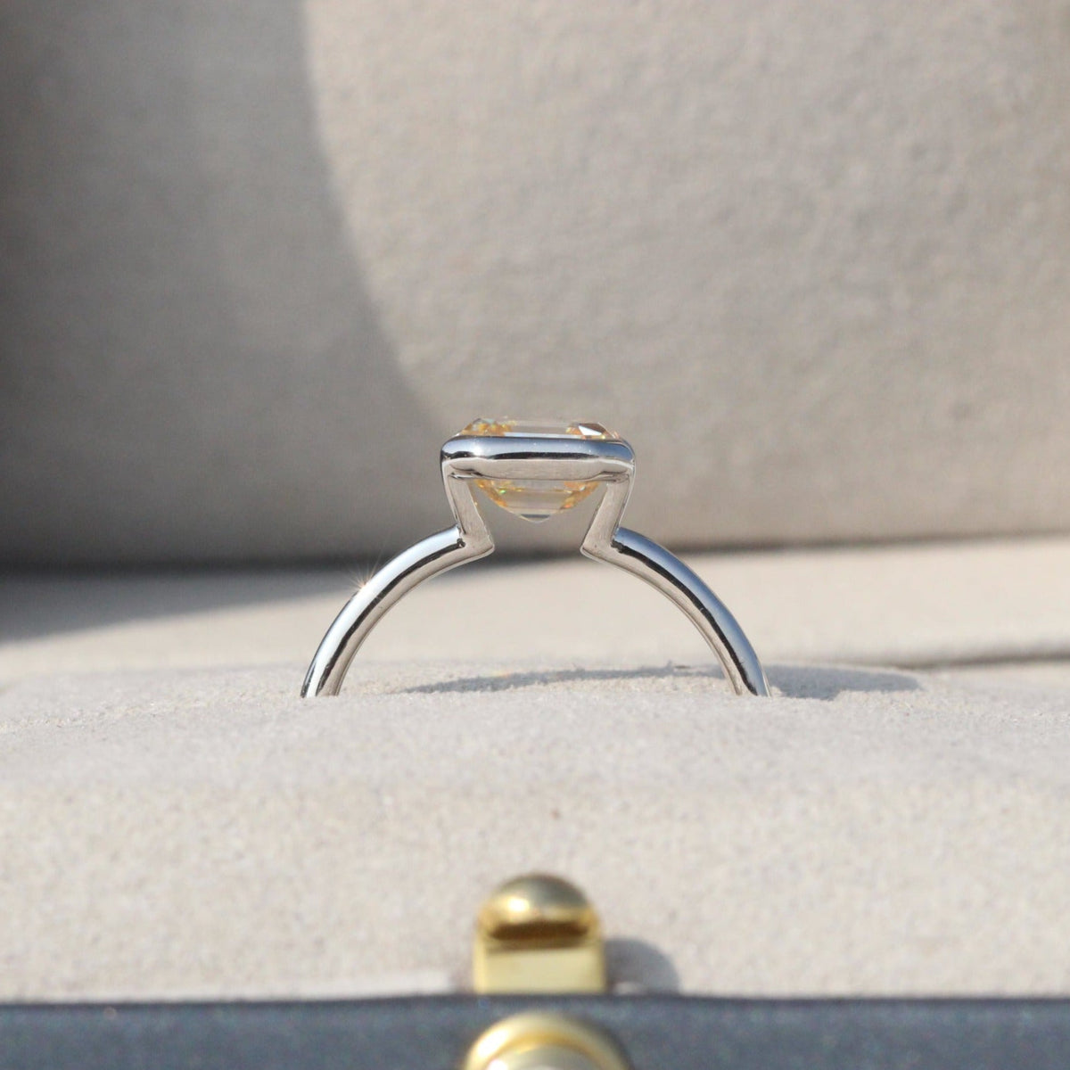 Champagne Asscher Cut Solitaire Half Bezel Lab Grown Diamond Ring - Detail View