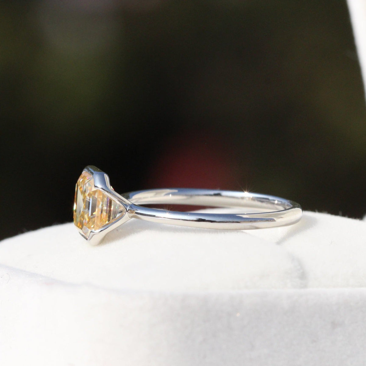 Champagne Asscher Cut Solitaire Half Bezel Lab Grown Diamond Ring in 18K - Angled View
