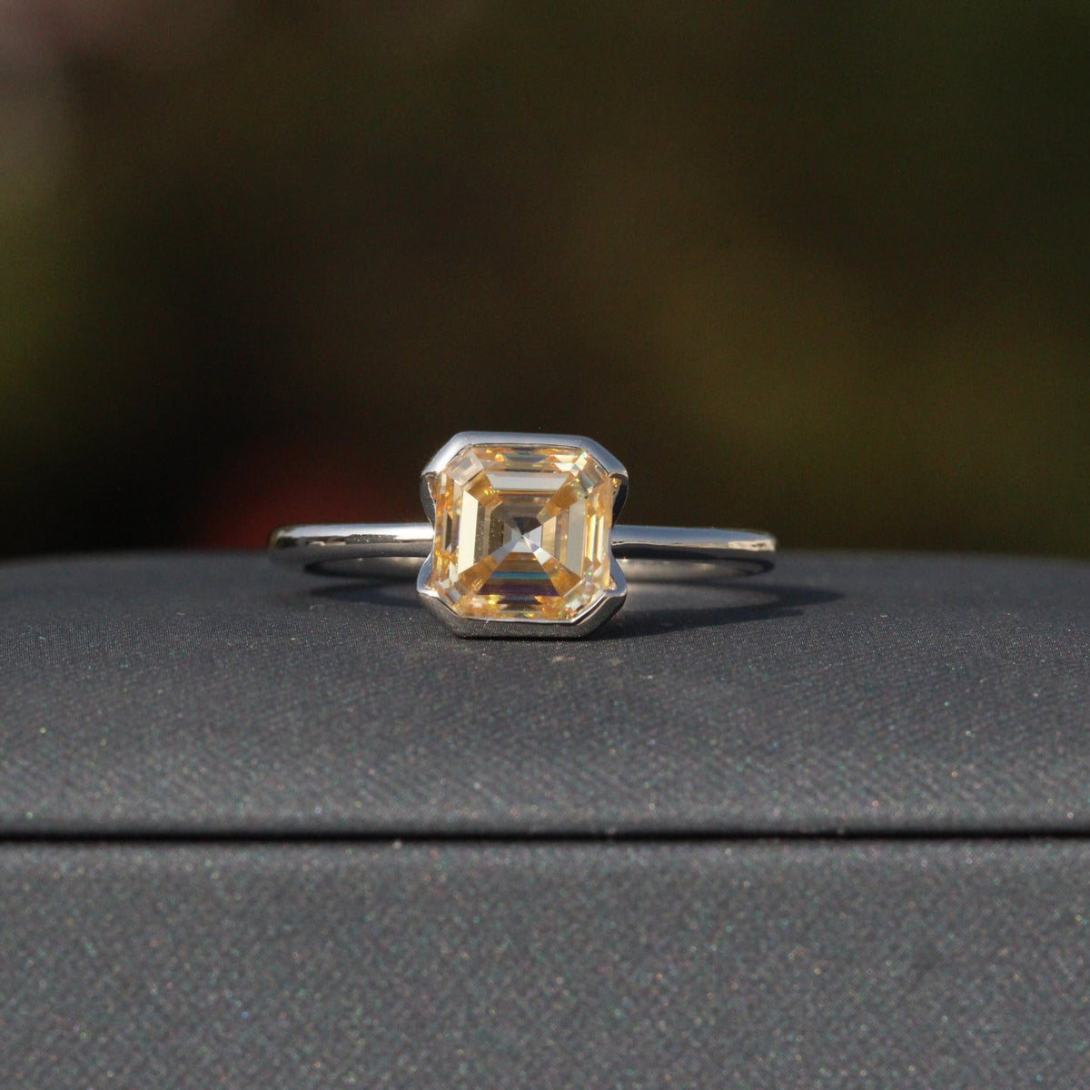 Champagne Asscher Cut Solitaire Half Bezel Lab Grown Diamond Ring in Platinum - Top View