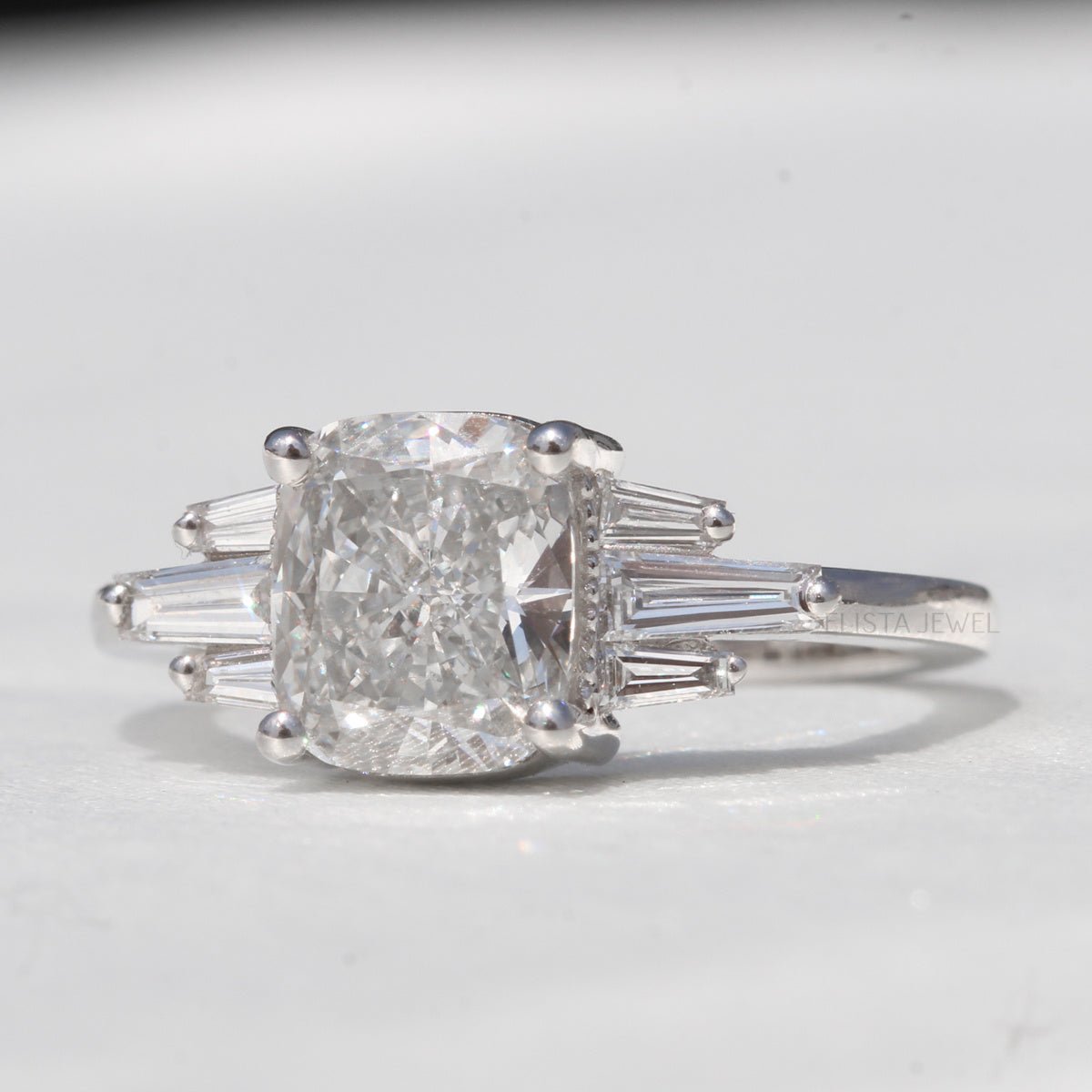 Cushion Cut Accent Engagement Lab Grown Diamond Ring in 18K - Angled View