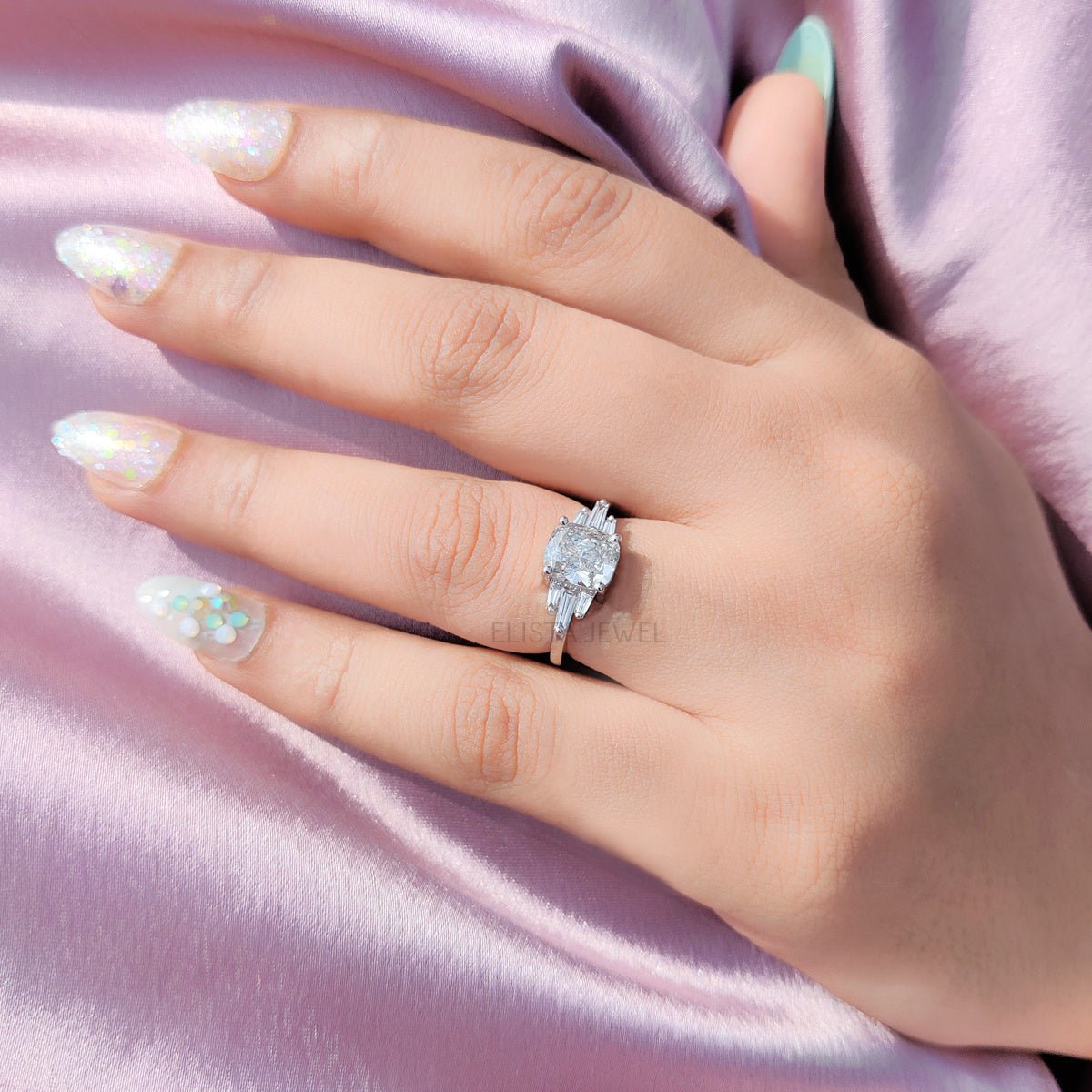Cushion Cut Accent Engagement Lab Grown Diamond Ring - Lifestyle View
