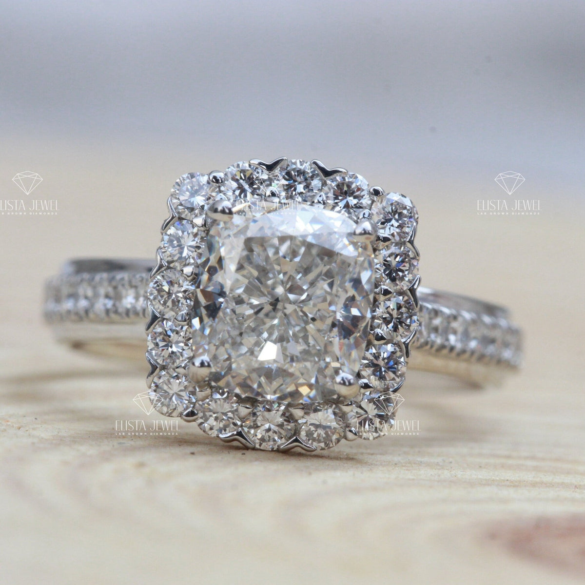 Cushion Cut Halo Engagement Lab Grown Diamond Ring in 10K - Front View
