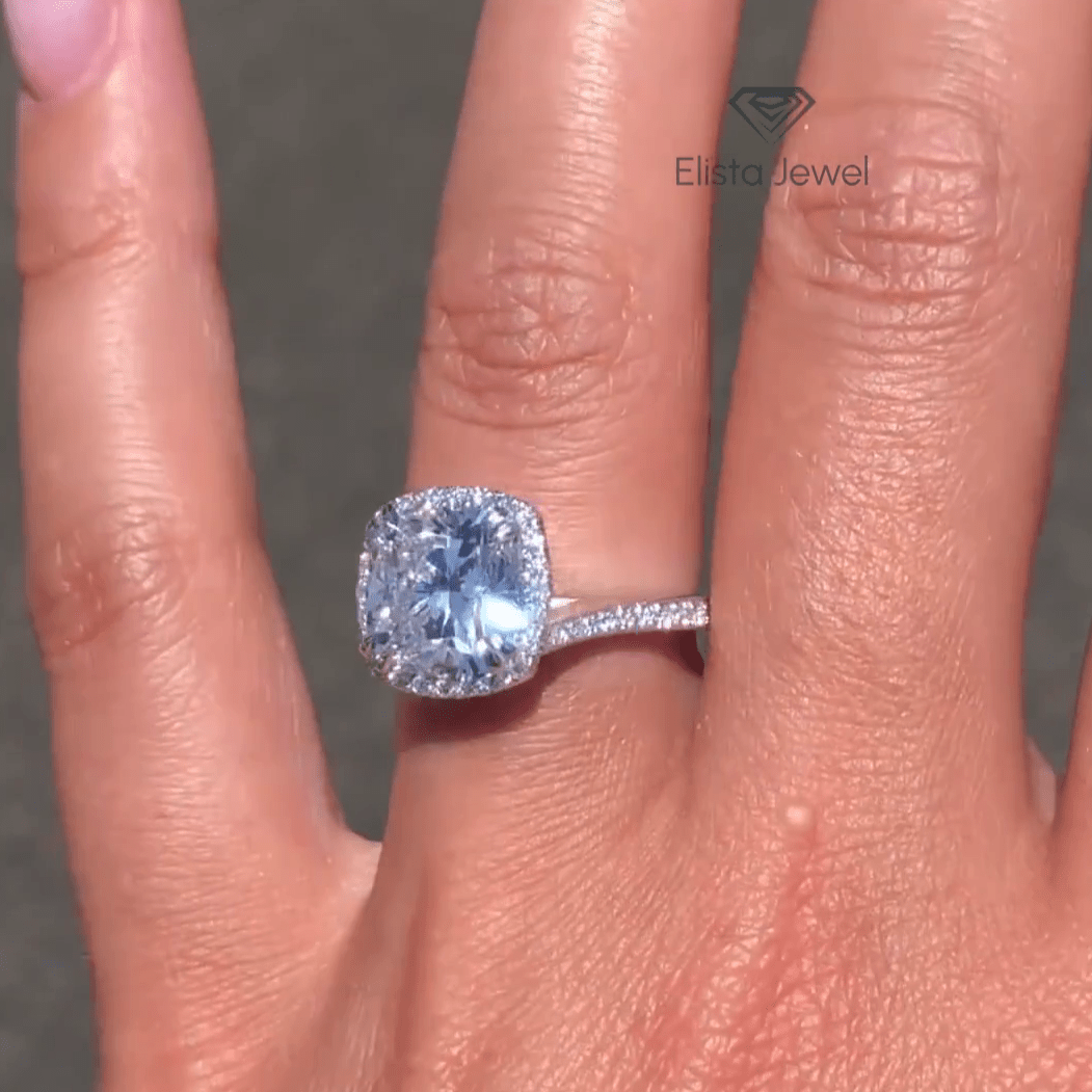 Cushion Cut Halo Engagement Lab Grown Diamond Ring - Detail View