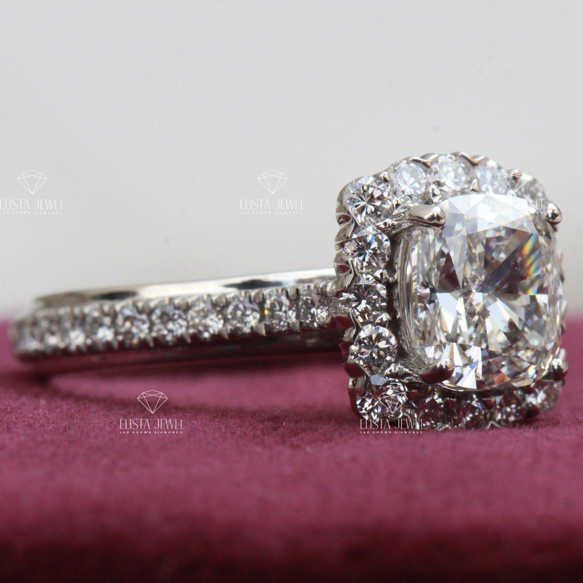 Cushion Cut Halo Engagement Lab Grown Diamond Ring - Detail View