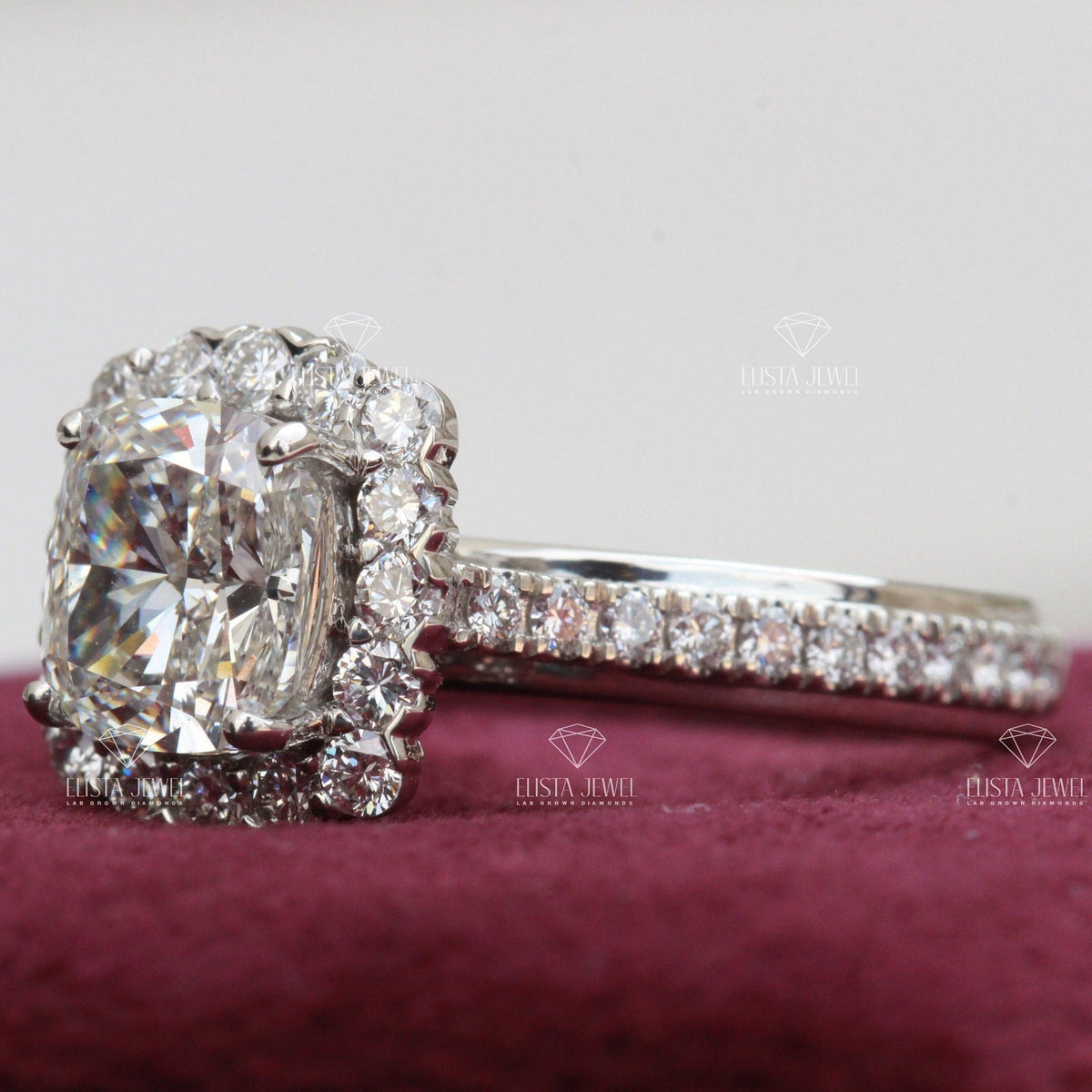 Cushion Cut Halo Engagement Lab Grown Diamond Ring - Profile View