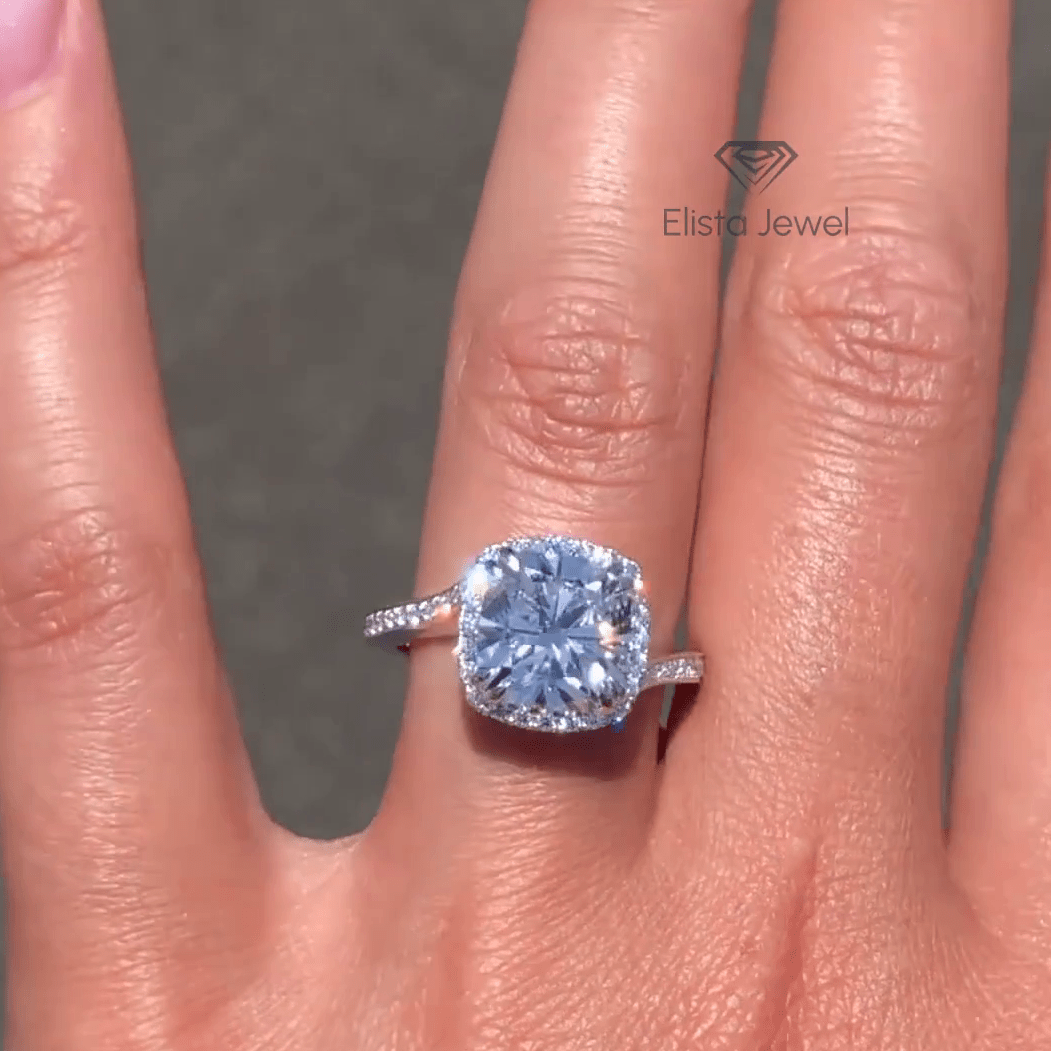Cushion Cut Halo Engagement Lab Grown Diamond Ring - Profile View