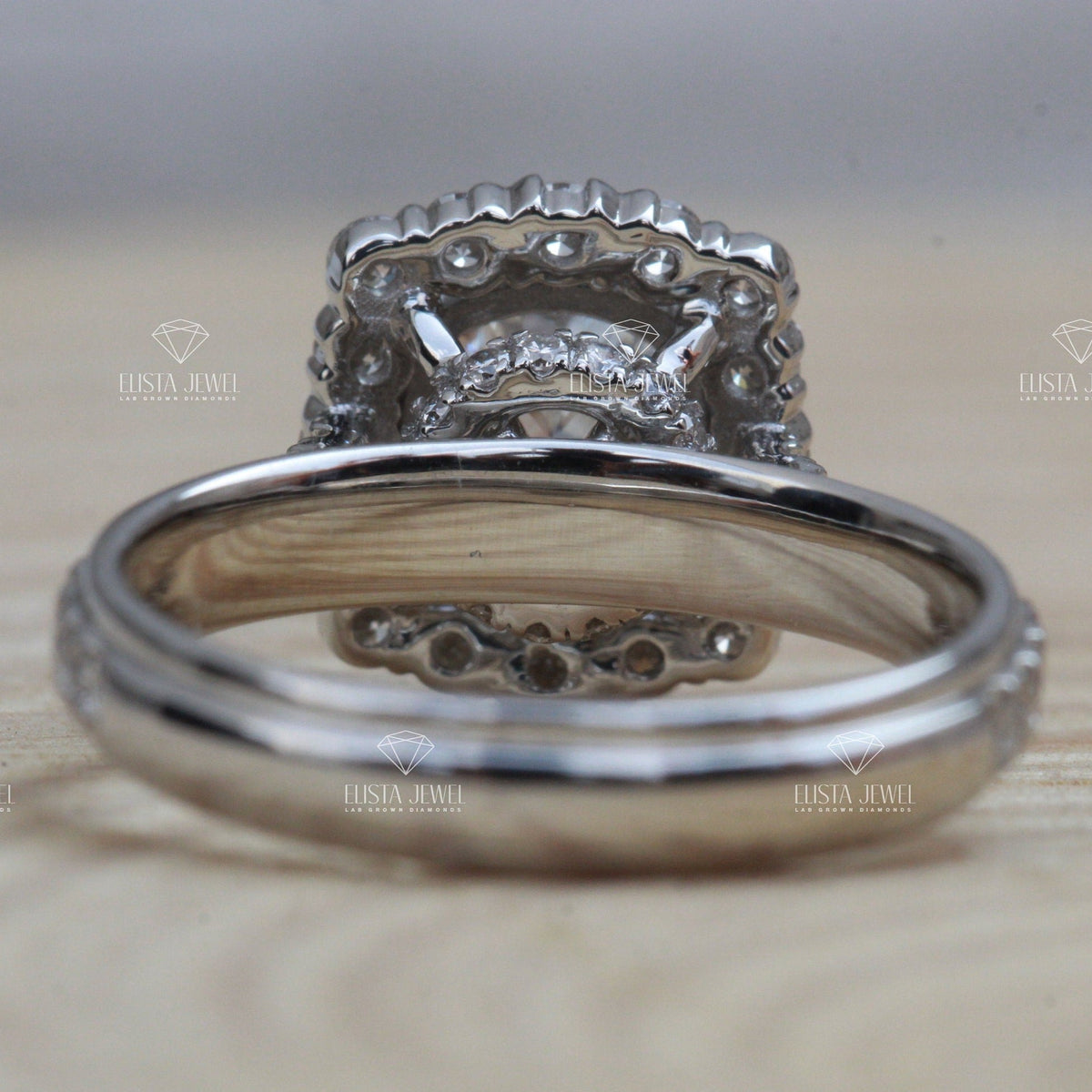 Cushion Cut Halo Engagement Lab Grown Diamond Ring - Close-up View