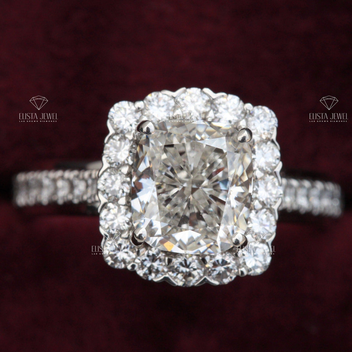 Cushion Cut Halo Engagement Lab Grown Diamond Ring in 14K - Side View