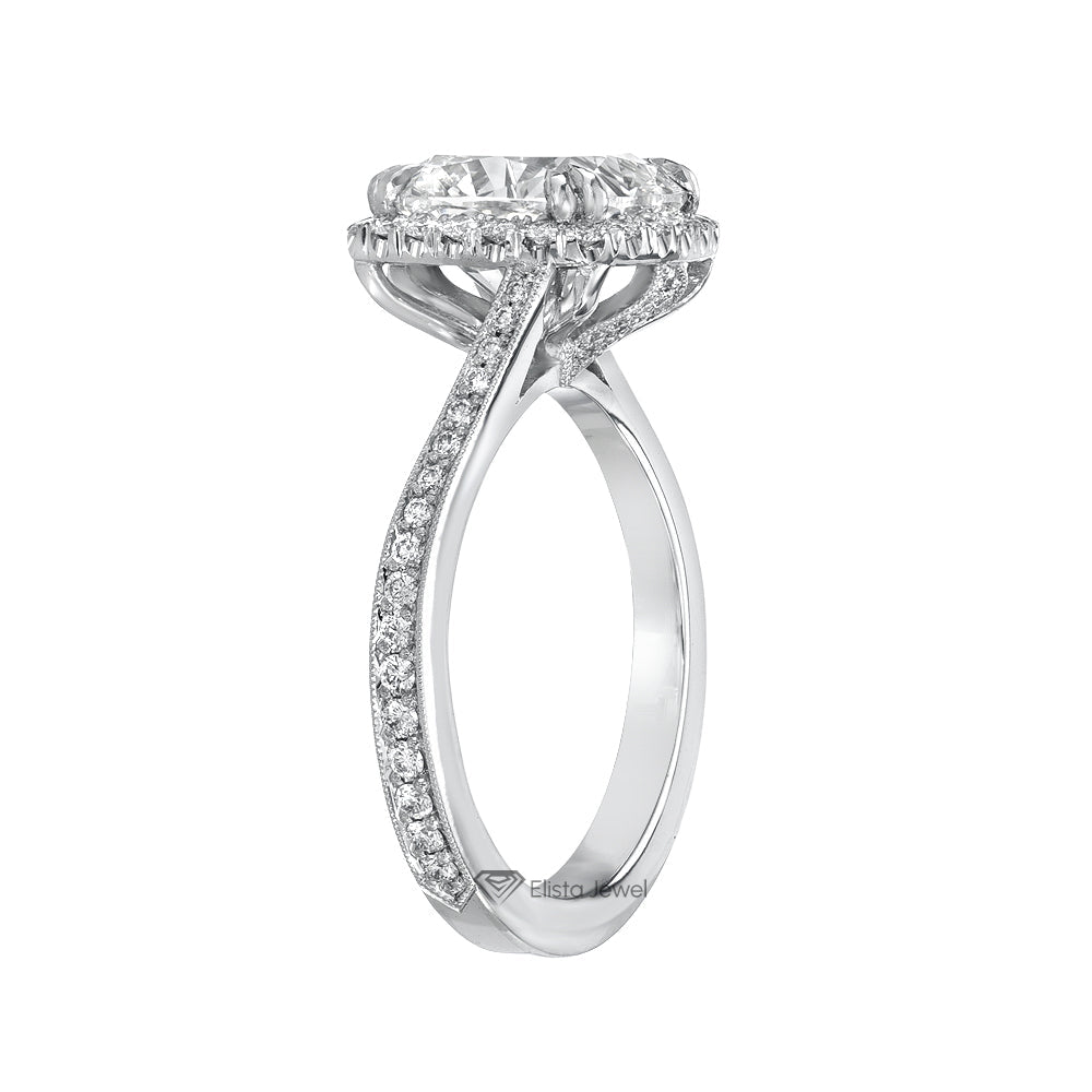 Cushion Cut Halo Engagement Lab Grown Diamond Ring in 14K - Side View