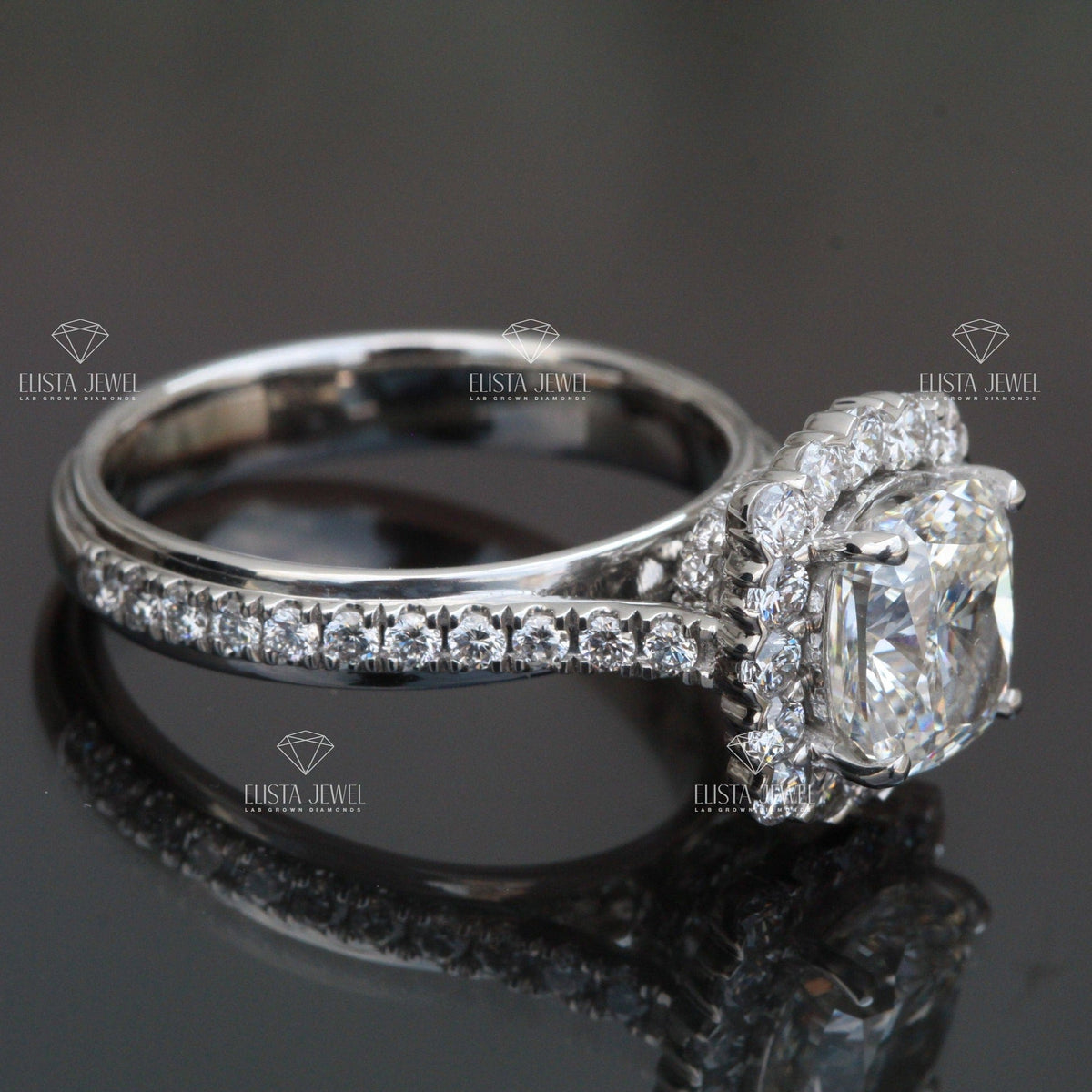 Cushion Cut Halo Engagement Lab Grown Diamond Ring - Perspective View