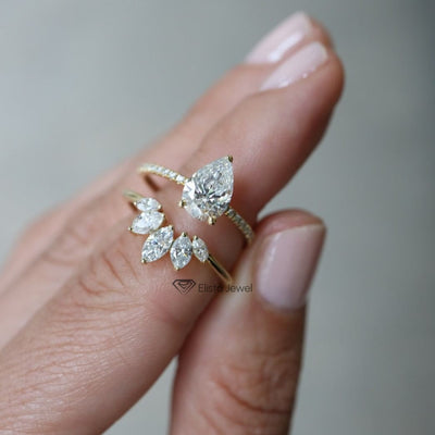 1.25 CT Pear Cut Lab Grown Diamond Hidden Halo Engagement Ring Set