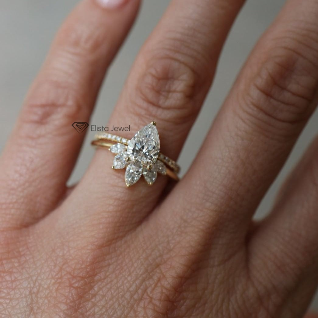 1.25 CT Pear Cut Lab Grown Diamond Hidden Halo Engagement Ring Set