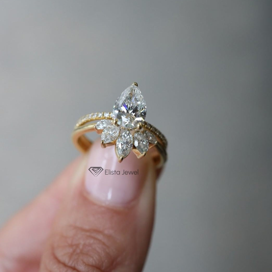 1.25 CT Pear Cut Lab Grown Diamond Hidden Halo Engagement Ring Set