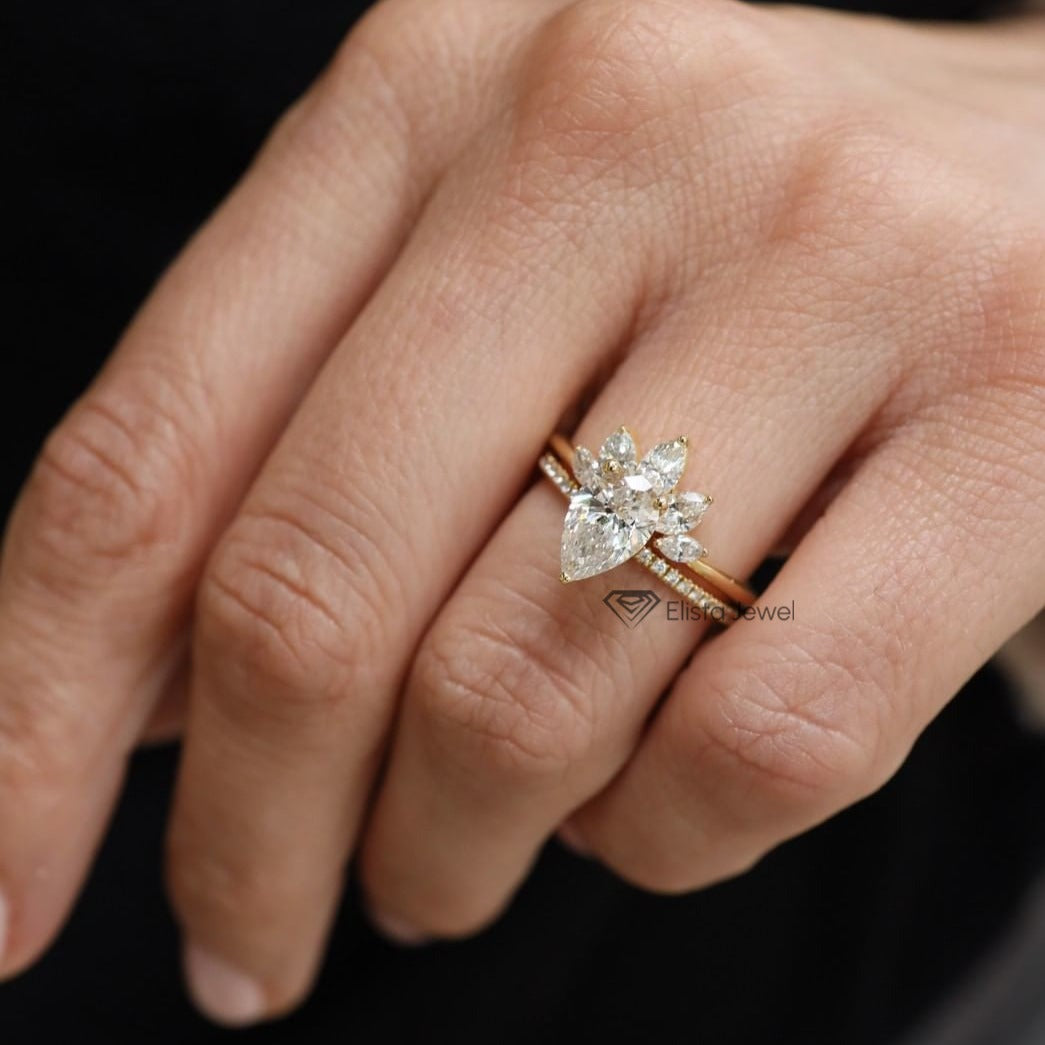 1.25 CT Pear Cut Lab Grown Diamond Hidden Halo Engagement Ring Set