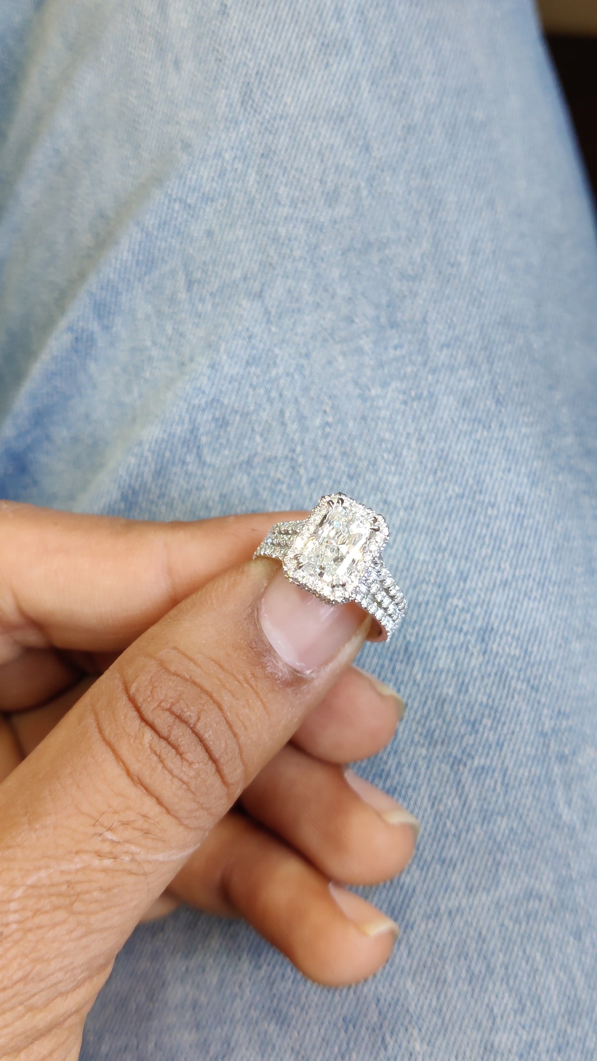 Radiant lab-grown diamond three raw split shank double prong halo engagement ring for her.