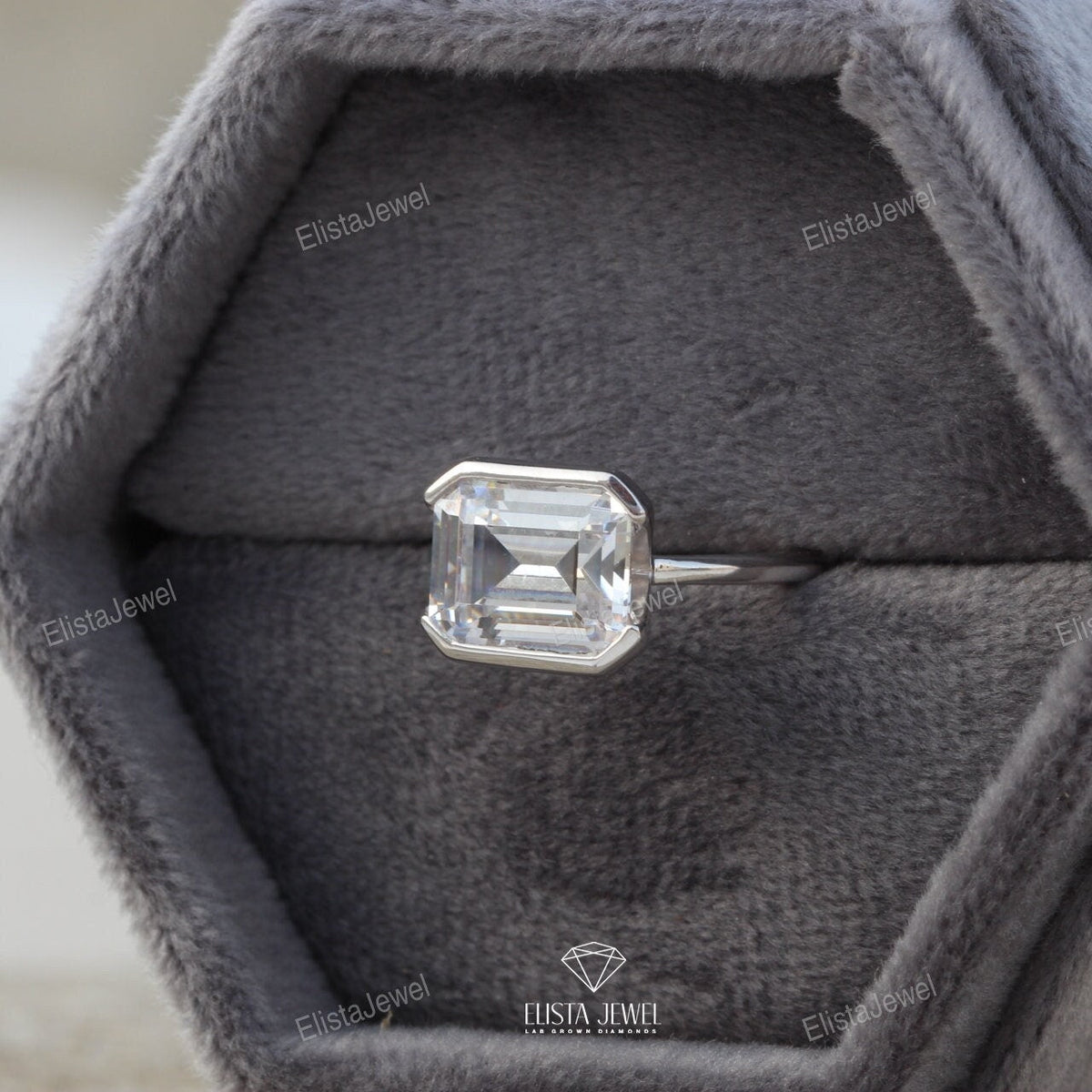 East West Emerald Cut Bezel Solitaire Lab Grown Diamond Ring in 14K - Side View