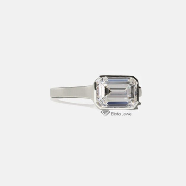 East West Emerald Solitaire Full Bezel Lab Grown Diamond Ring - Profile View