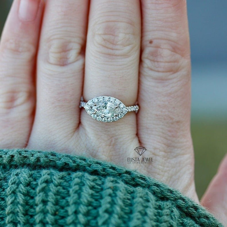 East West Marquise Cut Halo Engagement Lab Grown Diamond Ring - Detail View