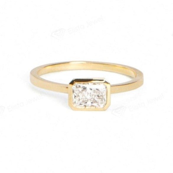 East West Radiant Cut Bezel Solitaire Lab Grown Diamond Ring in 10K - Front View