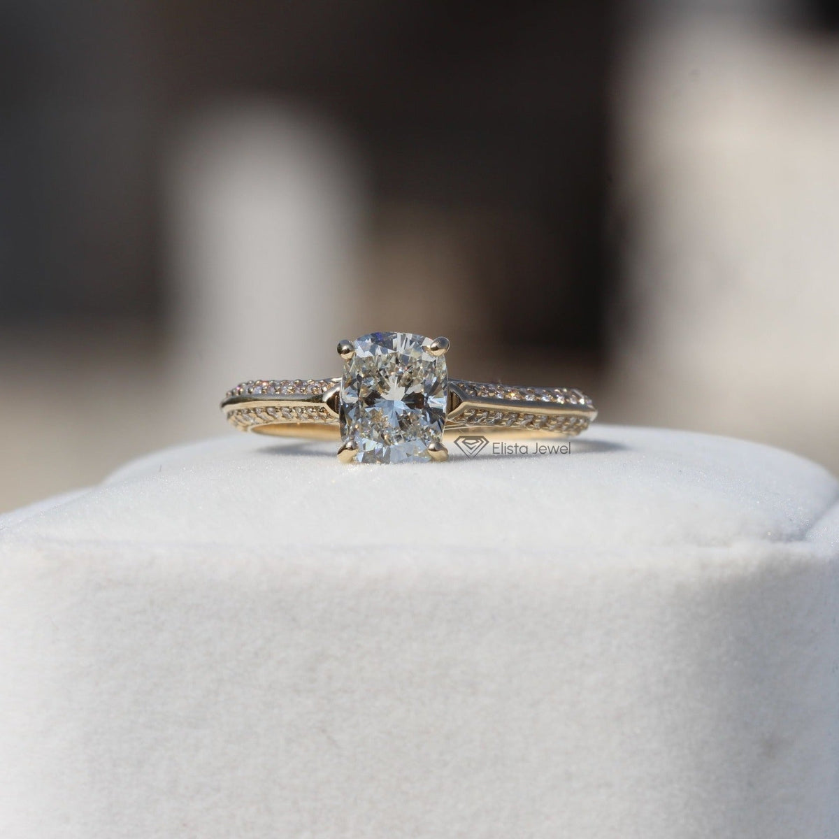 Elongated Cushion Cut Accent Engagement Lab Grown Diamond Ring in 14K - Side View