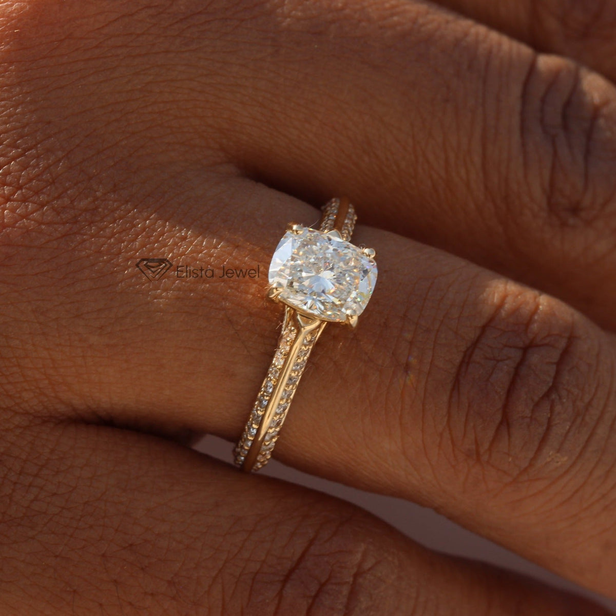 Elongated Cushion Cut Accent Engagement Lab Grown Diamond Ring - Detail View