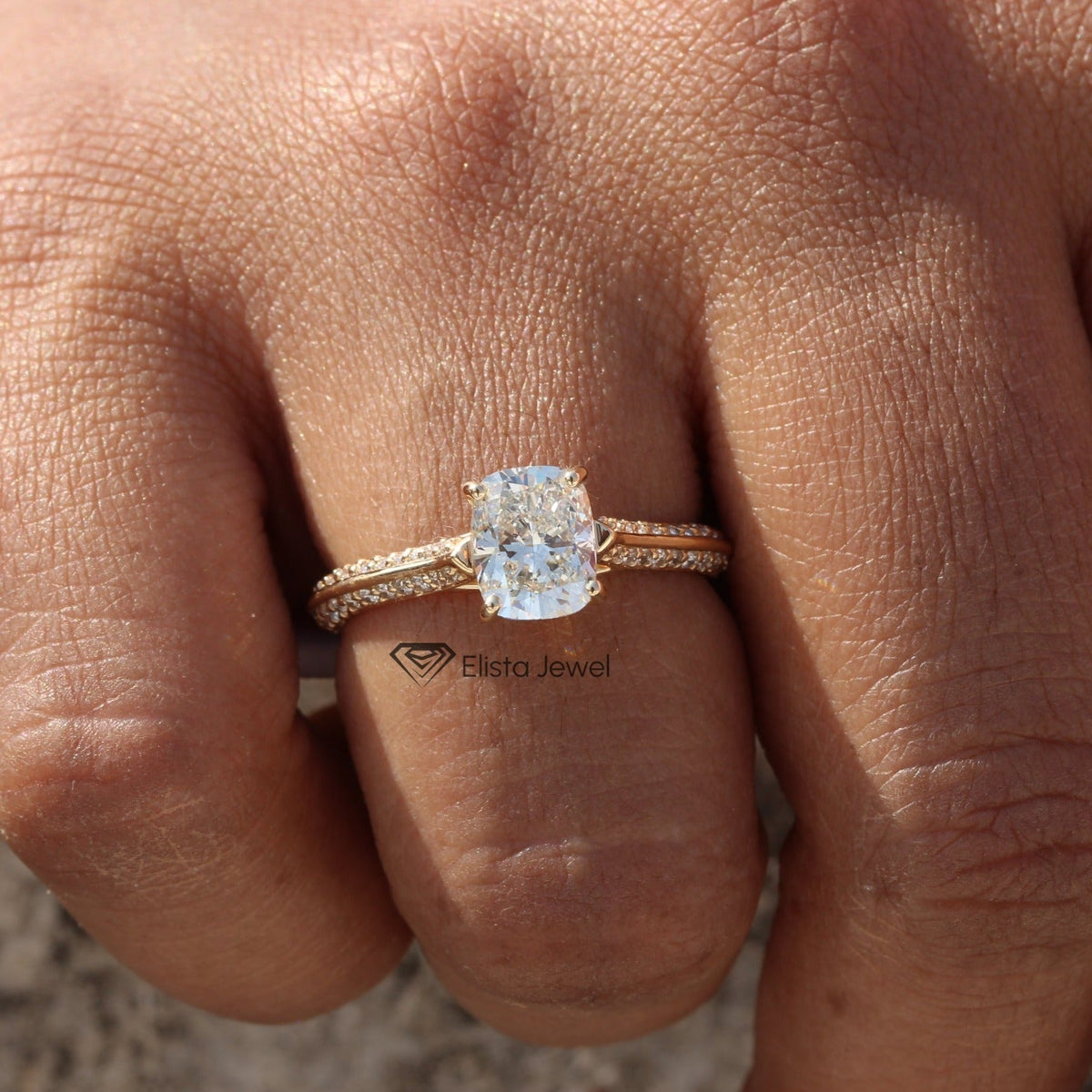 Elongated Cushion Cut Accent Engagement Lab Grown Diamond Ring in Platinum - Top View