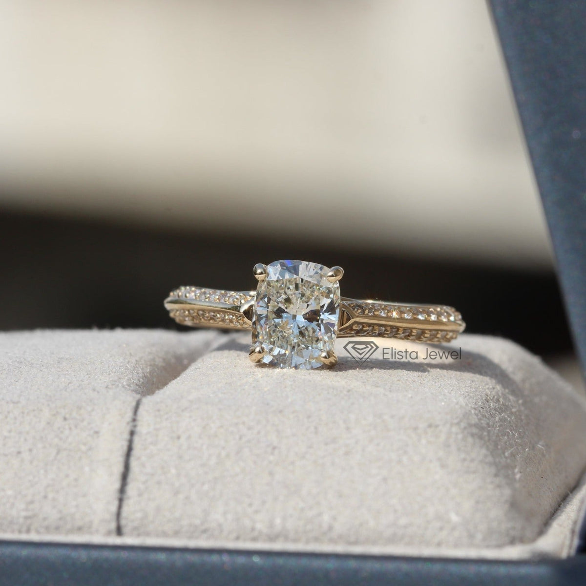 Elongated Cushion Cut Accent Engagement Lab Grown Diamond Ring in 10K - Front View
