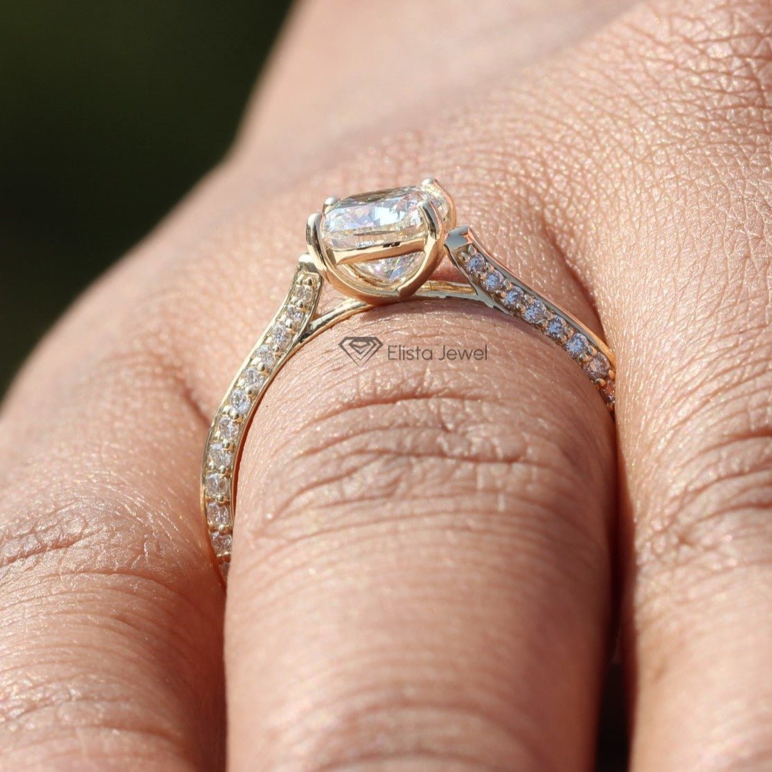 Elongated Cushion Cut Accent Engagement Lab Grown Diamond Ring - Perspective View