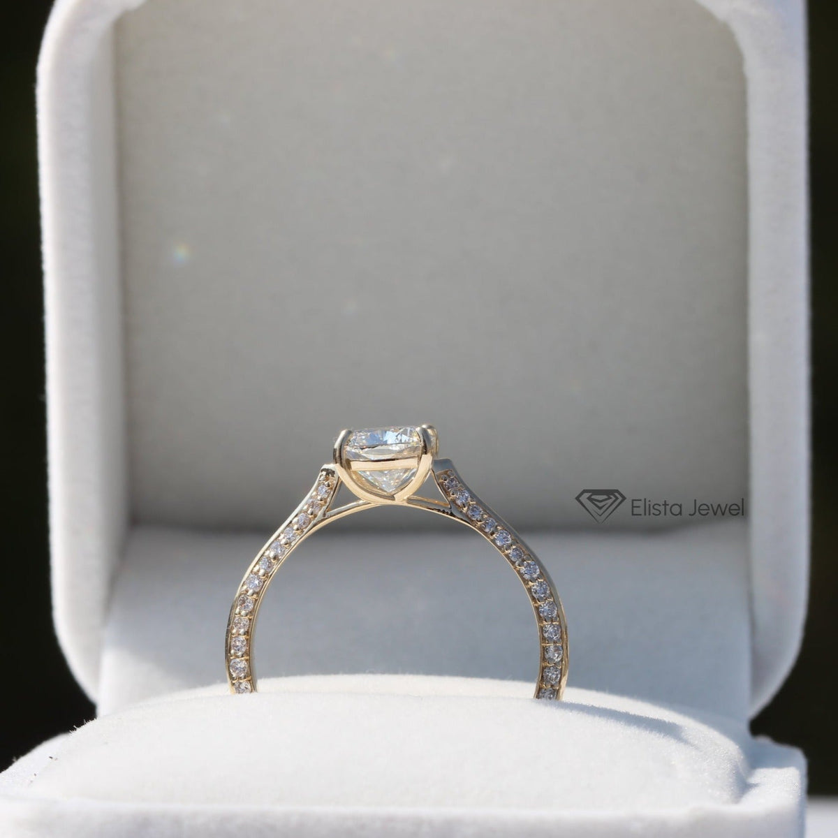 Elongated Cushion Cut Accent Engagement Lab Grown Diamond Ring - Ring on Hand View