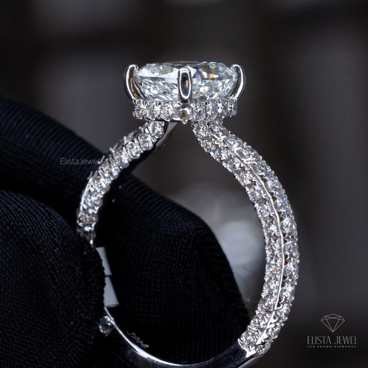 Elongated Cushion Cut Hidden Halo Engagement Lab Grown Diamond Ring - Ring on Hand View