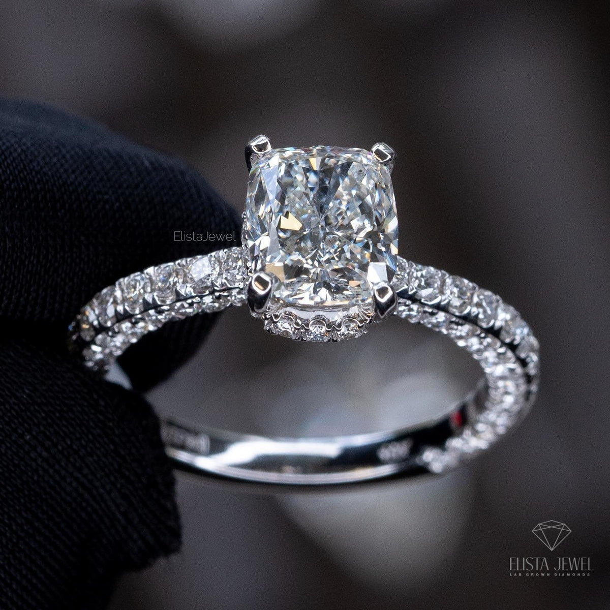 Elongated Cushion Cut Hidden Halo Engagement Lab Grown Diamond Ring - Perspective View