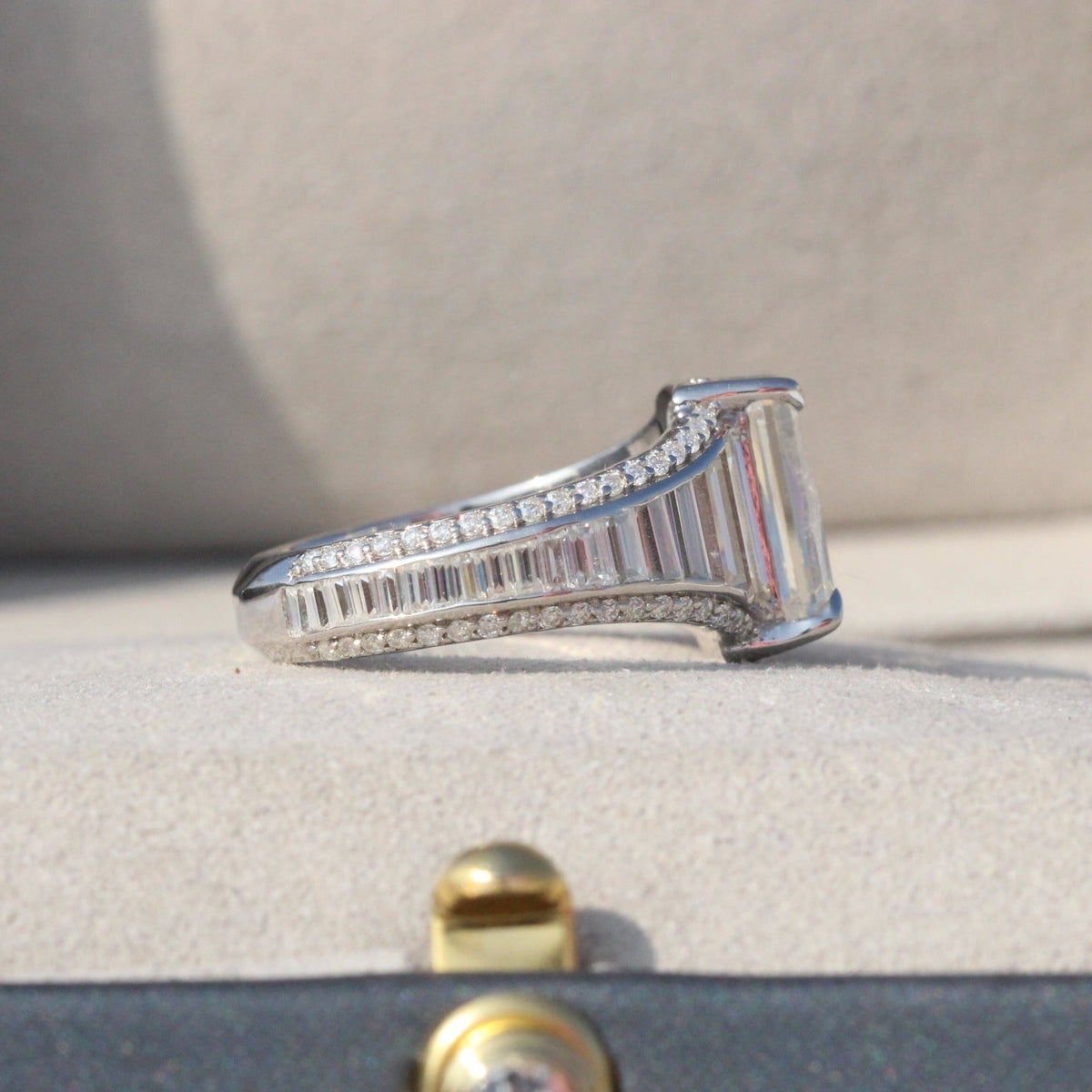 Emerald Cut Accent Art Deco Lab Grown Diamond Ring in 10K Yellow Gold - Angled View