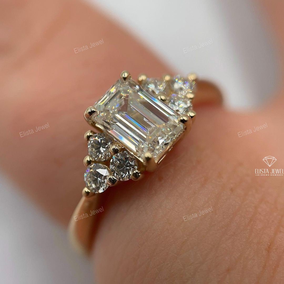 Emerald Cut Accent Engagement Lab Grown Diamond Ring in 18K - Angled View