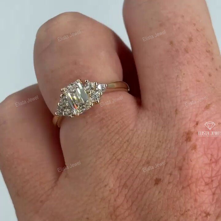 Emerald Cut Accent Engagement Lab Grown Diamond Ring - Close-up View