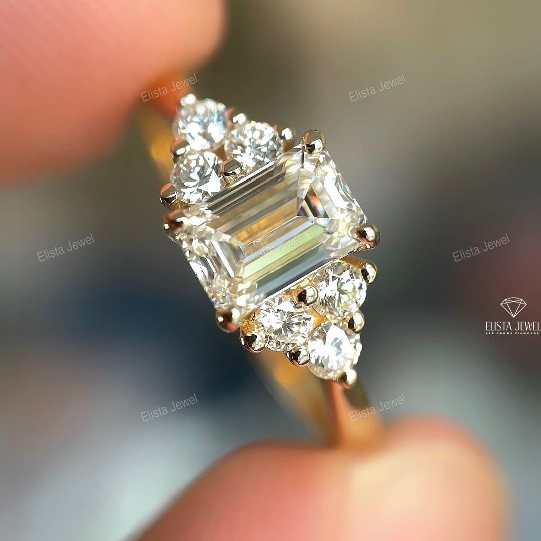 Emerald Cut Accent Engagement Lab Grown Diamond Ring - Detail View