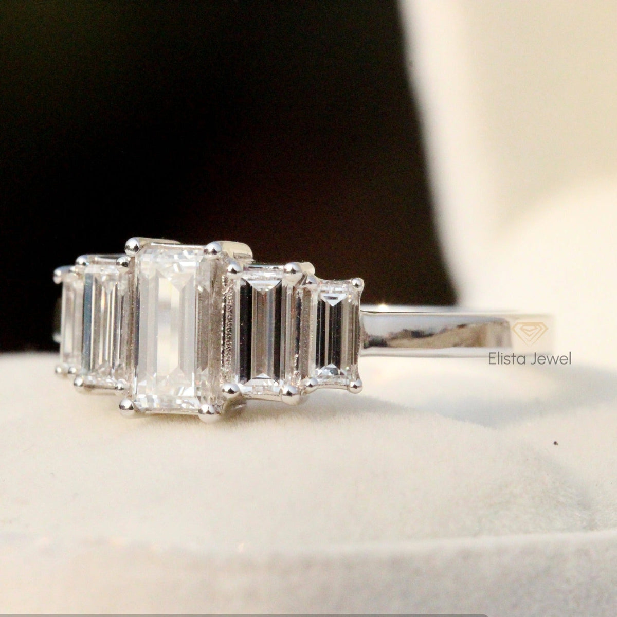 Emerald Cut Five Stone Engagement ring in 18K - Angled View