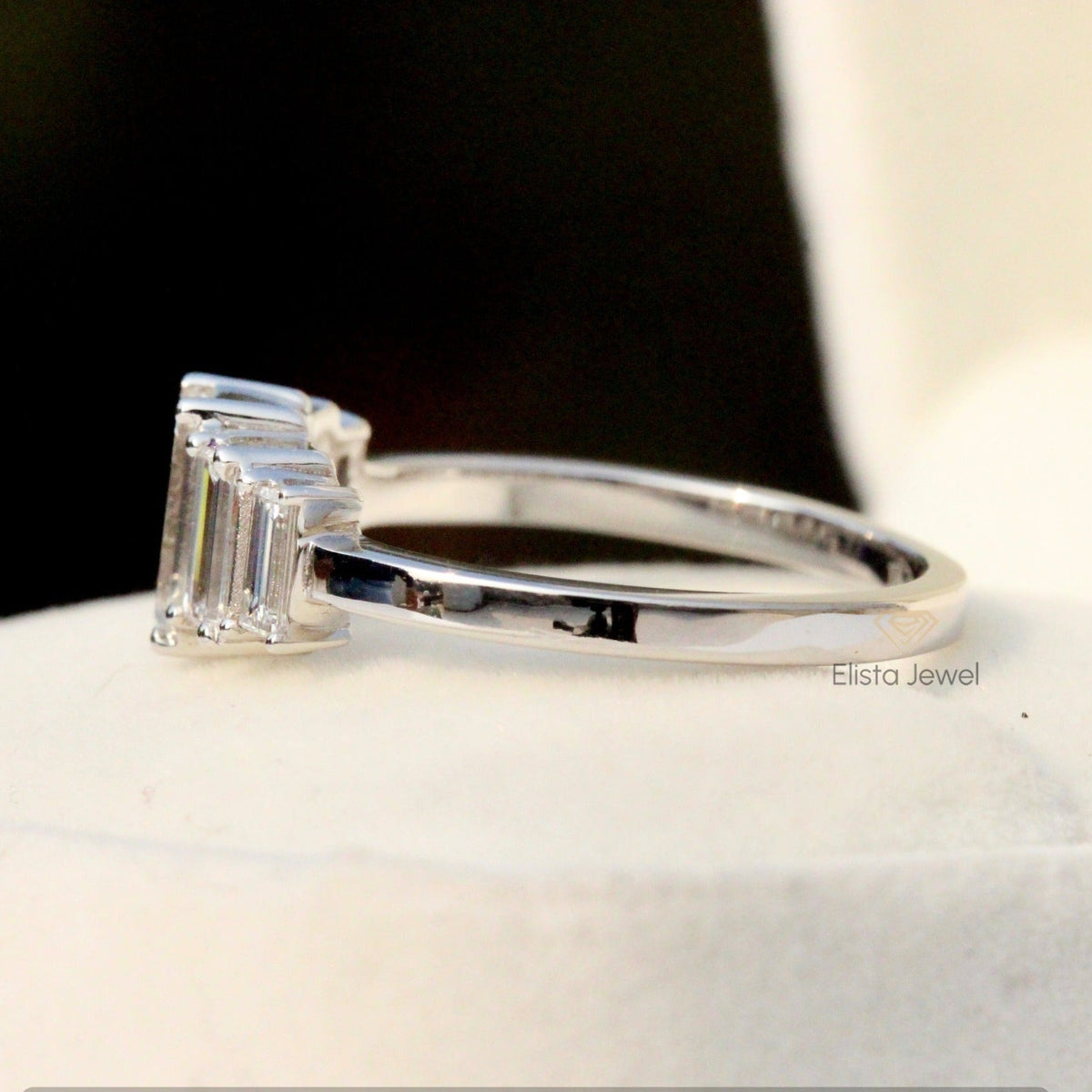 Emerald Cut Five Stone Engagement ring in 925 Platinum - Top View