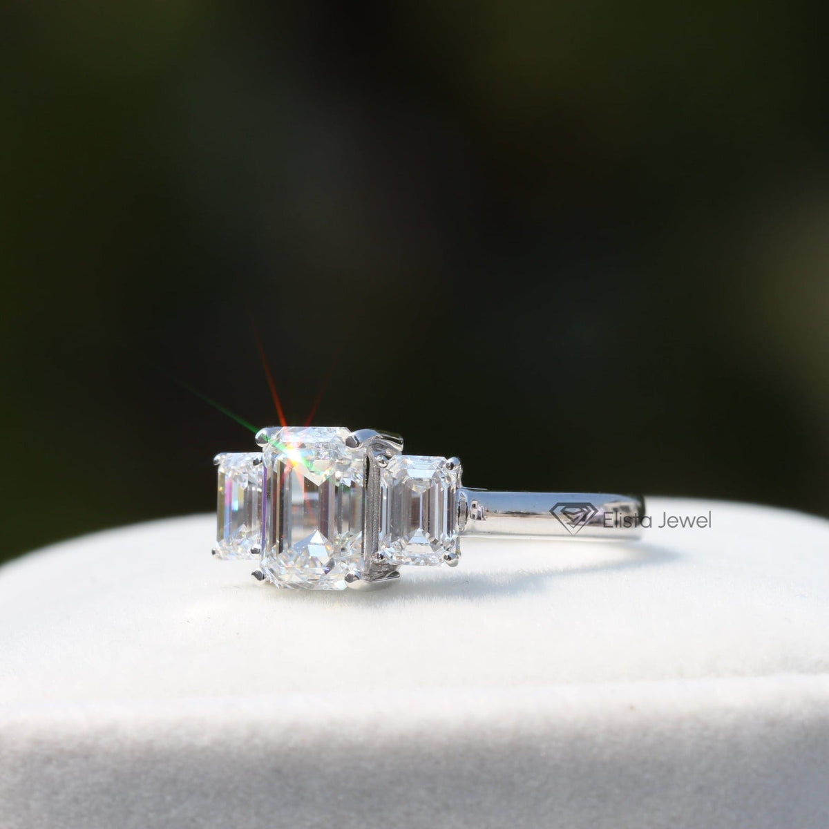 Emerald Cut Three Stone Engagement Lab Grown Diamond Ring in 95 Platinum - Top View