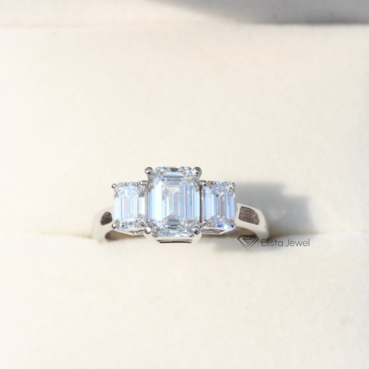 Emerald Cut Three Stone Engagement Lab Grown Diamond Ring - Close-up View