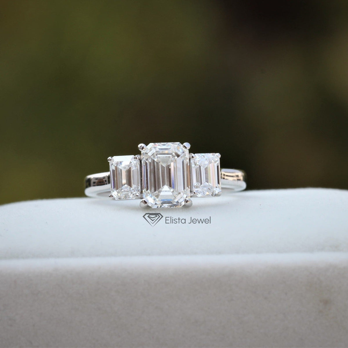 Emerald Cut Three Stone Engagement Lab Grown Diamond Ring in 10K - Front View