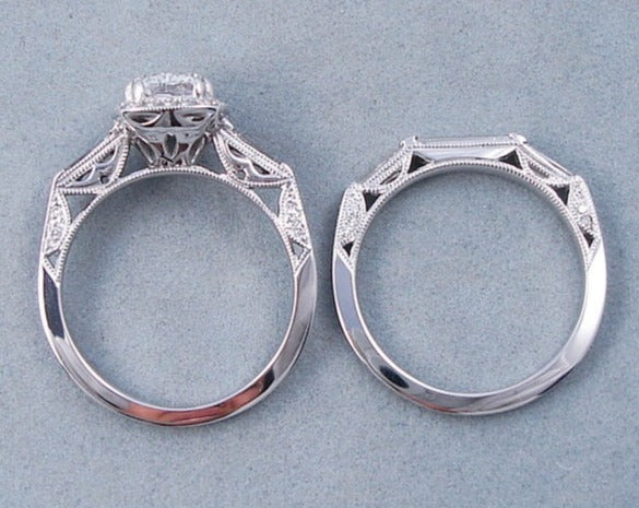 Baguette Cut Matching Band With Cushion Cut Halo Ring Set