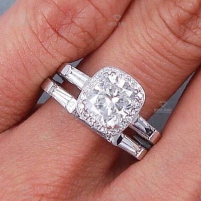 Baguette Cut Matching Band With Cushion Cut Halo Ring Set