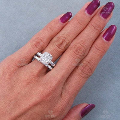 Baguette Cut Matching Band With Cushion Cut Halo Ring Set